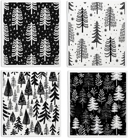 Christmas Pine Tree Swedish Dishcloths for Kitchen, Swedish Dish Cloths for Pine Tree, Black and White Christmas Towels, 4 Pack for Papaya Reusable Paper Towels Washable, Sponge Cloths