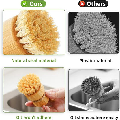 SUBEKYU Bamboo Dish Scrub Brushes for Kitchen, Cleaning Scrubber for Washing Cast Iron Pan/Pot, Natural Sisal Bristles, 1 Pack