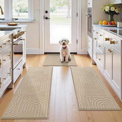 U'Artlines Kitchen Rugs and Mats Set of 3, Non Skid Washable Beige Geometric Kitchen Mats for Floor, Absorbent and Stain Resistant Floor Mat for Laundry, Sink Decor 20x32+20x48+20x59