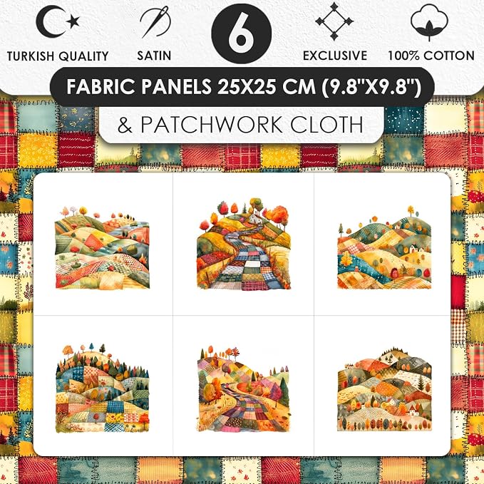 Patchwork Autumn Landscape Cotton Fabric Panel – 6 Designs (10×10 inch Each) + Bonus Sheet 29.5×19.6 inch, 100% Cotton 140 GSM, Made in Türkiye