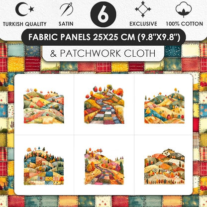 Patchwork Autumn Landscape Cotton Fabric Panel – 6 Designs (10×10 inch Each) + Bonus Sheet 29.5×19.6 inch, 100% Cotton 140 GSM, Made in Türkiye