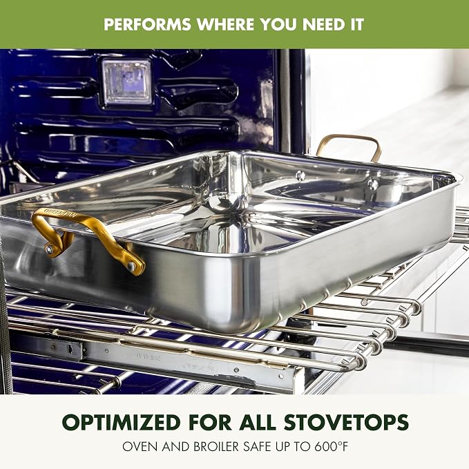 GreenPan Reserve 16" x 13" Tri-Ply Stainless Steel Roasting Pan with Roaster Rack, Multiclad Cookware, Induction Suitable, Gold Stainless Steel Handles, Dishwasher & Oven Safe, Silver