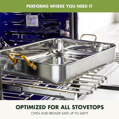 GreenPan Reserve 16" x 13" Tri-Ply Stainless Steel Roasting Pan with Roaster Rack, Multiclad Cookware, Induction Suitable, Gold Stainless Steel Handles, Dishwasher & Oven Safe, Silver