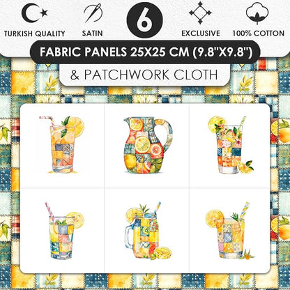 Summer Lemon Patchwork Cotton Fabric Panel – Six 10×10 inch Designs + Bonus 29.5×19.6 inch Patchwork Sheet, 100% Turkish Cotton 140 GSM