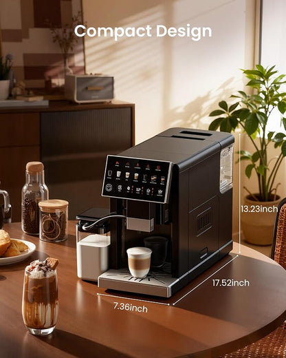 Fully Automatic Espresso Machine with Grinder, 20 Bar Coffee Maker with Milk Frother, Touchscreen Espresso Machine for Cappuccino, Latte & Americano, 15 Grind Settings, Self-Cleaning (Black)
