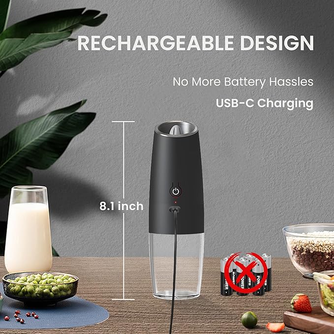 Rechargeable Salt And Pepper Grinder with LED Light, Automatic Electric Gravity Salt And Pepper Shakers, No Battery Needed, Adjustable Roughness, 1 Pack (Black)