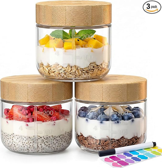 8oz Glass Jars with Airtight Lids - 3 Pack Overnight Oats Containers with Bamboo Lids, Small Food Containers with Measurement for Yogurt, Salad, Chia, Wide Mouth Mason Jar with Lid for Food Storage