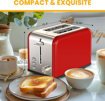 Simple Deluxe 2-Slice Toaster, 6 Browning Setting and 3 Function, Extra Wide Slot & Removable Crumb Tray, for Bread & Waffle, Red
