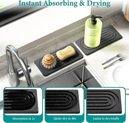 Water Absorbing Stone Tray, Quick Drying Diatomite Bathroom Tray Countertop, Stone Drying Mat for Kitchen Counter, Soap Dish Dispenser Vanity Organizer, Dark Grey-A-12.2" x 4"
