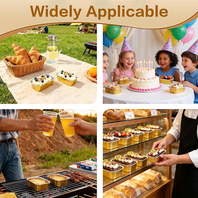 Mini Cake Pans With Lids And Spoons,5.5 oz Rectangle Mini individual Loaf Pans Disposable Aluminum Foil Small Baking Cups Tins (200, Gold)