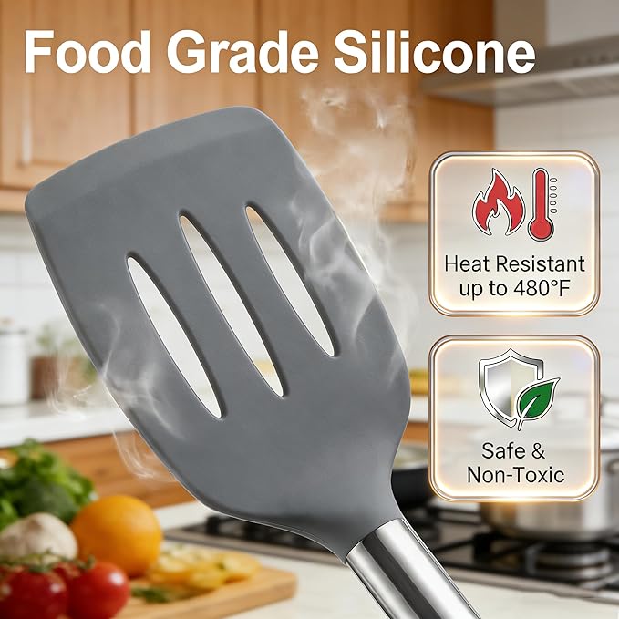 Vayvnt 4 PCS Cooking Utensils Set, Silicone Kitchen Spatula Set for Cooking, Non Toxic Silicone Kitchen Utensils with Stainless Steel Handle, Spoon and Turner, Heat Resistant&Dishwasher Safe, Gray