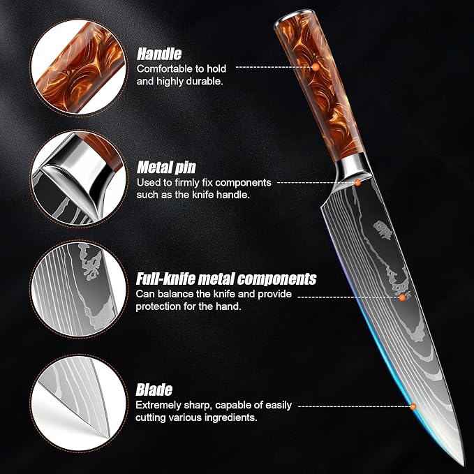 8-Piece Premium Japanese Kitchen Knife Set - Star Collection, Laser Damascus Pattern, 440A Stainless Steel Ultra Sharp for Fast Cutting (Red 8J)
