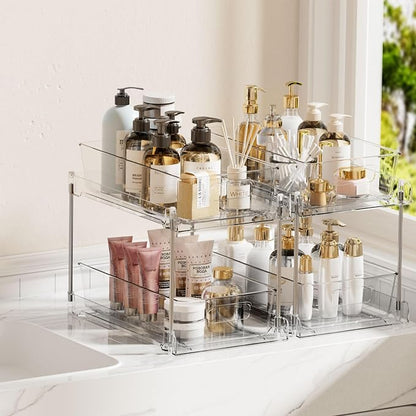 Vtopmart 2 Tier Bathroom Storage Organizer, 2 Pack Clear Under Sink Organizers Vanity Counter Container, Cabinet Drawers Bins, Pull-Out Organization with Track for Pantry, Kitchen