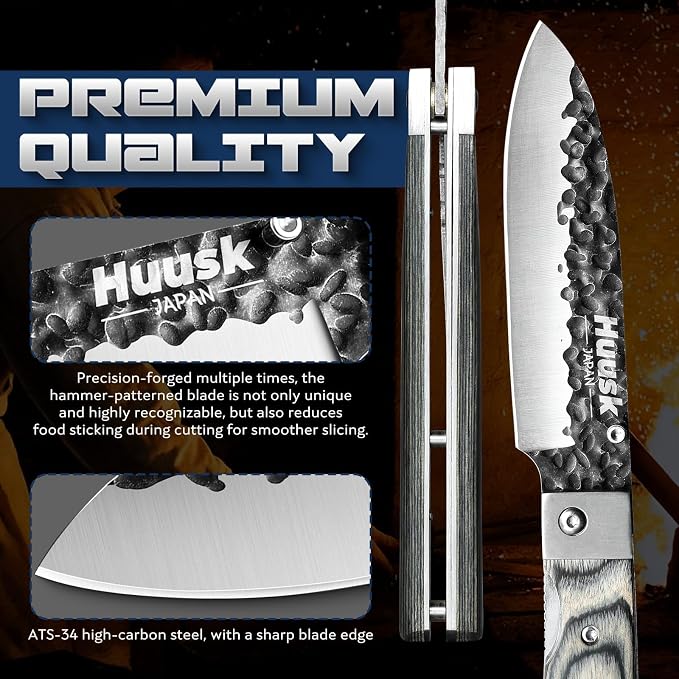 Huusk Japanese Folding Santoku Knife - Pocket Chef Knife with Hand Forged Blade - Portable Kitchen Knives for BBQ, Camping and Travel - Gift for Men and Women