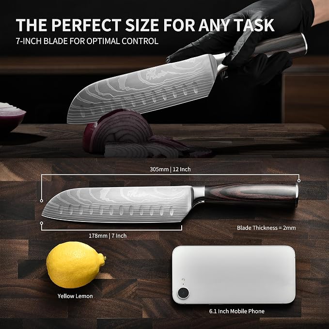 Santoku Knife 7 Inch - Ultra Sharp Japanese Steel Kitchen Knife, All-Purpose Chef Knife with Ergonomic Handle, Perfect for Slicing, Dicing, and Chopping, Luxury Gift Box Included