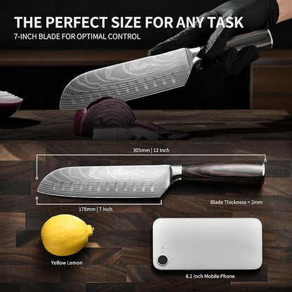 Santoku Knife 7 Inch - Ultra Sharp Japanese Steel Kitchen Knife, All-Purpose Chef Knife with Ergonomic Handle, Perfect for Slicing, Dicing, and Chopping, Luxury Gift Box Included