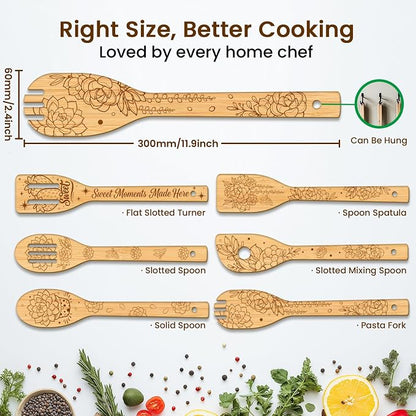 CUTHOLLOW 6PCS Succulents Potted Wooden Kitchen Cooking Utensil Set, 11.9in Non Toxic Bamboo Wood Spoon Set for Cooking, Best Housewarming Birthday Thanksgiving Christmas Gift for Women Mother