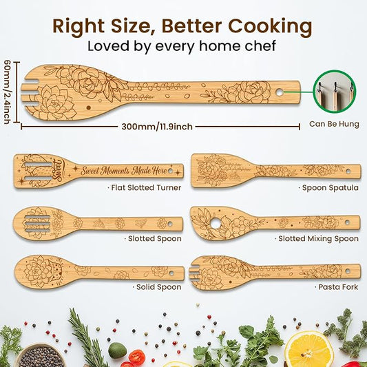 CUTHOLLOW 6PCS Succulents Potted Wooden Kitchen Cooking Utensil Set, 11.9in Non Toxic Bamboo Wood Spoon Set for Cooking, Best Housewarming Birthday Thanksgiving Christmas Gift for Women Mother