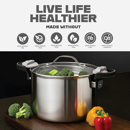 GOTHAM STEEL 8 Qt Stainless Steel Stock Pot Multipurpose Pasta Pot with Strainer Lid & Twist and Lock Handles, for Soup, Spaghetti, Rice, Induction Ready, Dishwasher Safe