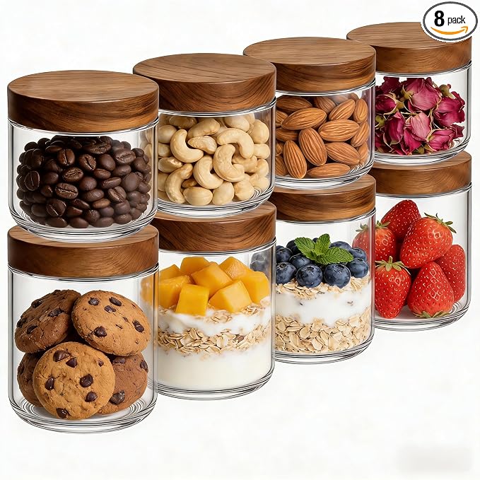 Bumobum 16oz+8oz Overnight Oats Containers with Lids, Glass Mason Jars with Acacia Wood Airtight Lid, Wide Mouth Glass Canisters for Food Storage Chia Pudding Snacks Yogurt Spice Meal Prep, 8-Pack