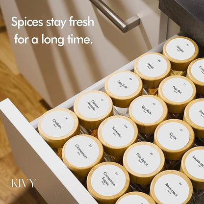 KIVY Spice Jars with Labels [24x 4oz] Glass Seasoning Containers with Airtight Lids for Organization - Empty Square Bottles for Spices & Seasonings with Shaker Lids - Spice Containers Bamboo