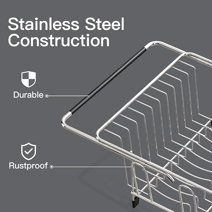 Over the Sink Expandable Dish Drainer Drying Rack In Stainless Steel for Small Kitchen, Counter Space Saving Modern Compact Metal Above Plate Dryer Strainer, Adjustable Hanging Inside Drain Holder