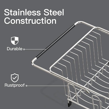 Over the Sink Expandable Dish Drainer Drying Rack In Stainless Steel for Small Kitchen, Counter Space Saving Modern Compact Metal Above Plate Dryer Strainer, Adjustable Hanging Inside Drain Holder