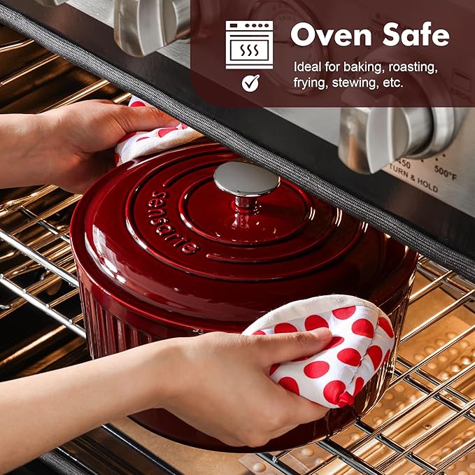 SENSARTE Enameled Cast Iron Dutch Oven Pot with Lid 3.5/5.5/6.5 Quart Heavy-Duty Round Dual Handles Kitchen Pot with Cotton Potholders & Silicone Trivet, Pot for Bread Baking, Stews, Braising, Roasting, Oven Safe, 5.5 Quart, Red