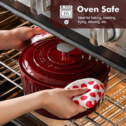 SENSARTE Enameled Cast Iron Dutch Oven Pot with Lid 3.5/5.5/6.5 Quart Heavy-Duty Round Dual Handles Kitchen Pot with Cotton Potholders & Silicone Trivet, Pot for Bread Baking, Stews, Braising, Roasting, Oven Safe, 6.5 Quart, Red