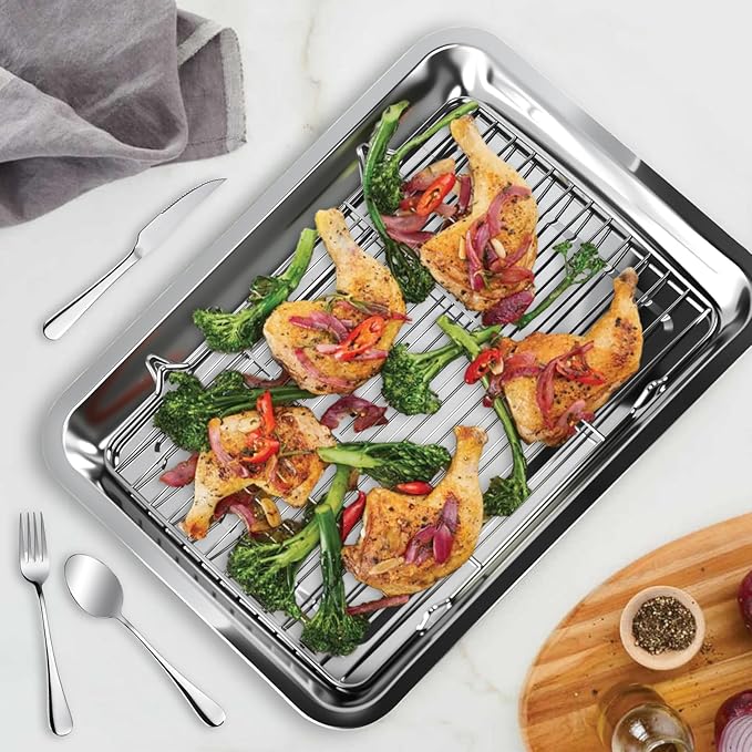 4 PCS Stainless Steel Baking Sheet Set,16 X 12 In Baking Pan (2 Sheets + 2 Racks) with Stainless Steel Fork,Spoon and Knife,Rust Baking Tray Pan for Kitchen Oven,Easy Clean&Durable