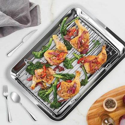 4 PCS Stainless Steel Baking Sheet Set,16 X 12 In Baking Pan (2 Sheets + 2 Racks) with Stainless Steel Fork,Spoon and Knife,Rust Baking Tray Pan for Kitchen Oven,Easy Clean&Durable