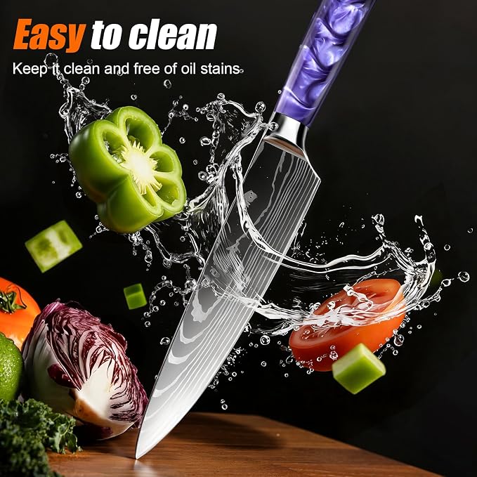 8-Piece Premium Japanese Kitchen Knife Set - Star Collection, Laser Damascus Pattern, 440A Stainless Steel Ultra Sharp for Fast Cutting (DMS-8A-Purple)