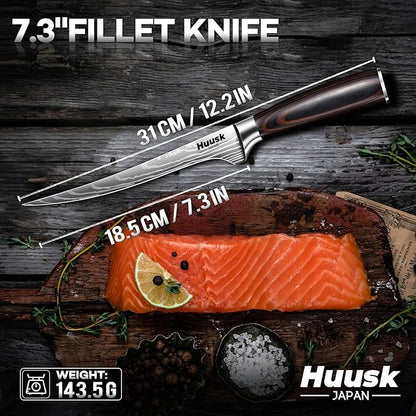 Huusk Filet Knife for Fish - 7 Inch Fish Fillet Knife with Wood Handle, Flexible Boning Knives for Meat Cutting, Professional Japanese Fishing Knives for Meat Poultry Cutting, Christmas Gifts for Men