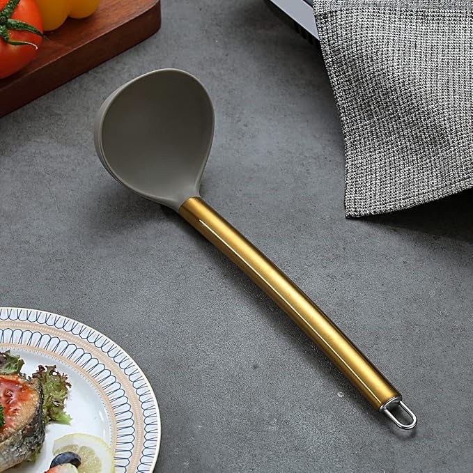 Gold Ladle, Berglander Non-stick Silicone Kitchen Ladle With Titainium Gold Plating handle, Soup Ladle, Cooking Ladle Soup Spoon For Cooking, Dishwasher Safe, Easy to Clean
