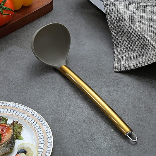 Gold Ladle, Berglander Non-stick Silicone Kitchen Ladle With Titainium Gold Plating handle, Soup Ladle, Cooking Ladle Soup Spoon For Cooking, Dishwasher Safe, Easy to Clean