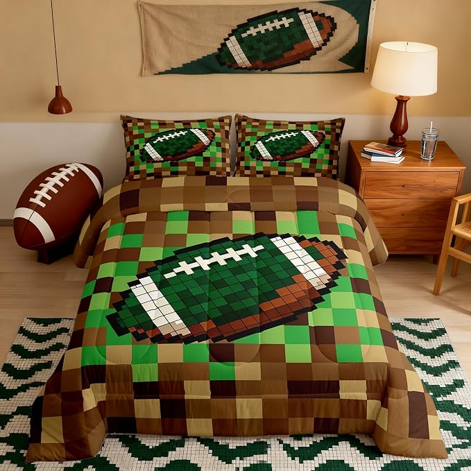 Manfei American Football Kids Comforter Toddler Size,Pixelated Geometric Grid Quilt Set for Kids Boys Girls Bedroom Decor,Gamepad Video Games Bedding Set,Brown Green Duvet Insert,1 Pillowcase