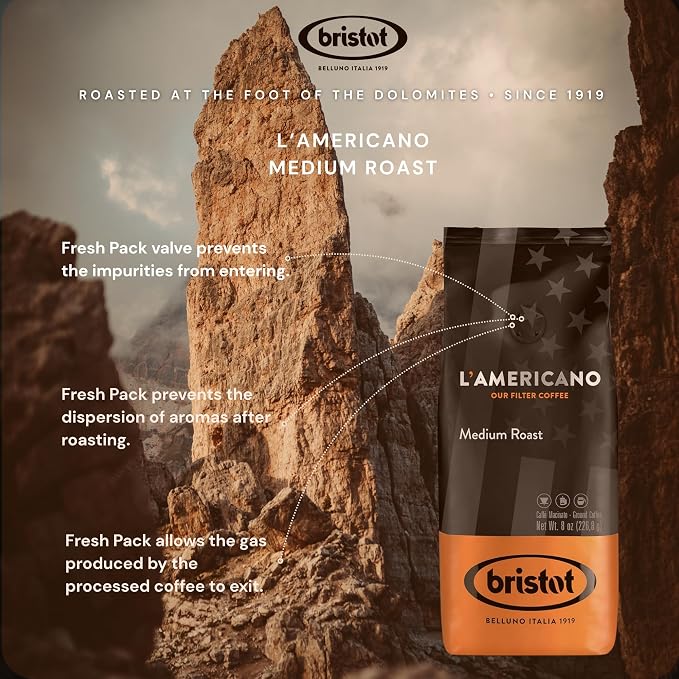 Bristot L‘americano Filter Coffee | Medium Roast Ground Filter Coffee | For Pour-over/French Press/Drip Coffee | 8oz/226.8