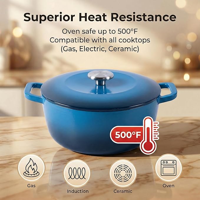 5QT Enamel Cast Iron Dutch Oven with Lid,Dual Handles,Versatile Heavy-Duty Non-toxic Cookware for Sourdough Bread Baking,Braising,Stews,Roasting,Oven Safe up to 500°F blue