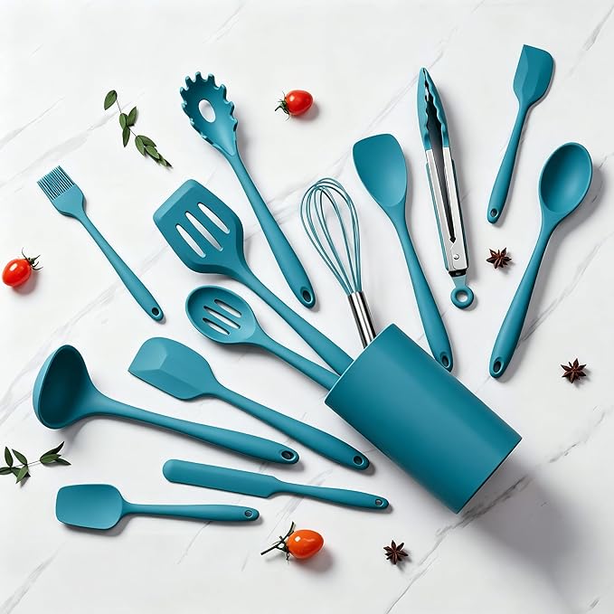 LIANYU 14 Pcs Cooking Utensils Set with Holder, Heat Resistant Silicone Kitchen Cookware Utensils Set, Kitchen Cooking Tools Includes Spatula Spoon Turner Whisk Tong, Dishwasher safe, Dark Blue