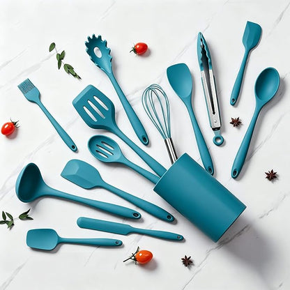 LIANYU 14 Pcs Cooking Utensils Set with Holder, Heat Resistant Silicone Kitchen Cookware Utensils Set, Kitchen Cooking Tools Includes Spatula Spoon Turner Whisk Tong, Dishwasher safe, Dark Blue