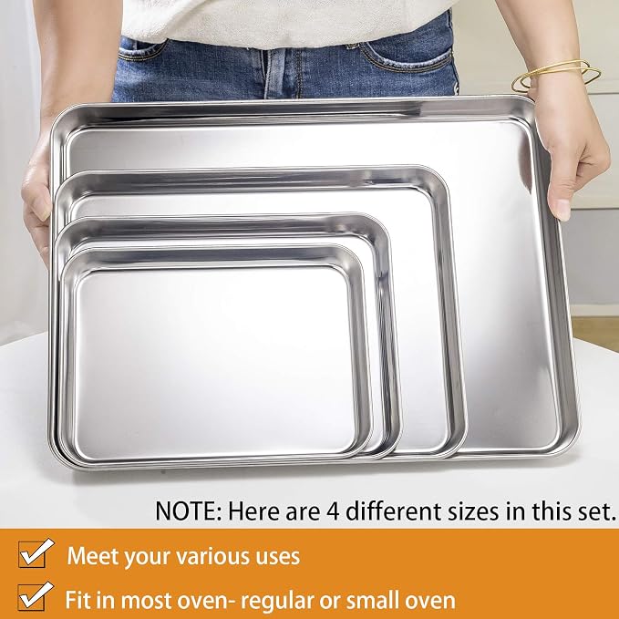 P&P CHEF 16 + 12.5 + 10.4 + 9 Inch Baking Sheet and Rack Set, 8Pcs Stainless Steel Cookie Sheets Oven Baking Pans Trays with Cooling Racks for Cooking, Oven & Dishwasher Safe, Pans with Wire Racks