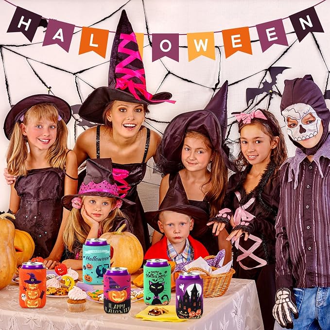Halloween Can Cooler Sleeves, 18pcs 12 oz Cold Drinks Beer Drink Can Bottle Cooler Sleeves for Trick or Treat Party Favors Decorations Supplies