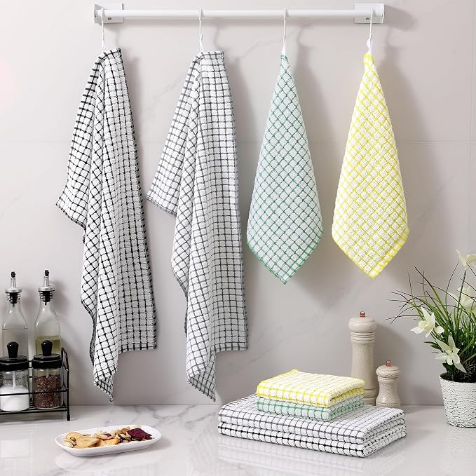 Homaxy Kitchen Towels and Dishcloths Set, 16 x 25 and 12 x 12 Inches, Set of 16 Cotton Terry Kitchen Dish Towels, Super Soft and Absorbent Dish Cloths, Black/Grey/Yellow/Green