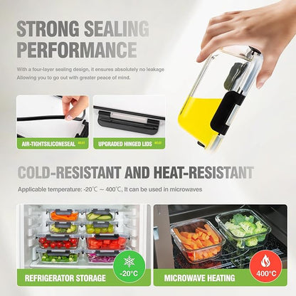 [10-Pack Glass Meal Prep Containers with Lids, Food Storage Containers with Snap Locking Lids, Airtight Lunch Containers, Microwave, Oven, Freezer and Dishwasher,Black