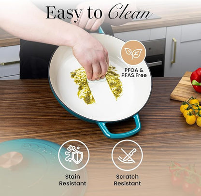 nuovva Shallow Cast Iron Casserole with Lid – Non Stick Dutch Oven Pot, Oven Safe up to 500° F – Sturdy Ovenproof Stockpot Cookware – Enamelled Cooking Pot – Teal, 3.7-Quart, 30cm – by Nuovva