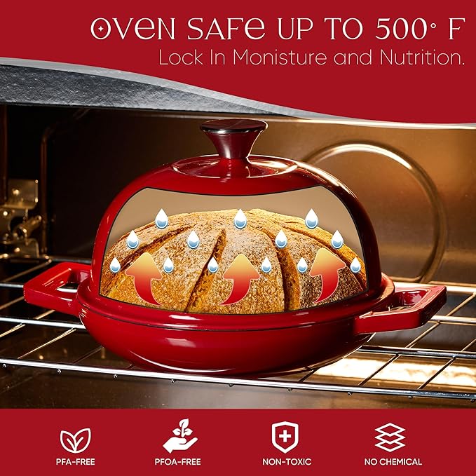 CAROTE Enameled Cast Iron Bread Dutch Oven, Round Bread Oven Pot with Dome Lid for Homemade Sourdough Bread Baking, Healthy & Non-Toxic, Dual Handles, All Stovetop Compatible, Oven Safe up to 500° F, 5 Quarts, 9 Inches, Red