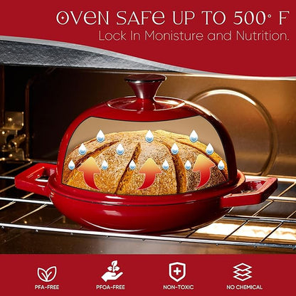 CAROTE Enameled Cast Iron Bread Dutch Oven, Round Bread Oven Pot with Dome Lid for Homemade Sourdough Bread Baking, Healthy & Non-Toxic, Dual Handles, All Stovetop Compatible, Oven Safe up to 500° F, 5 Quarts, 9 Inches, Red