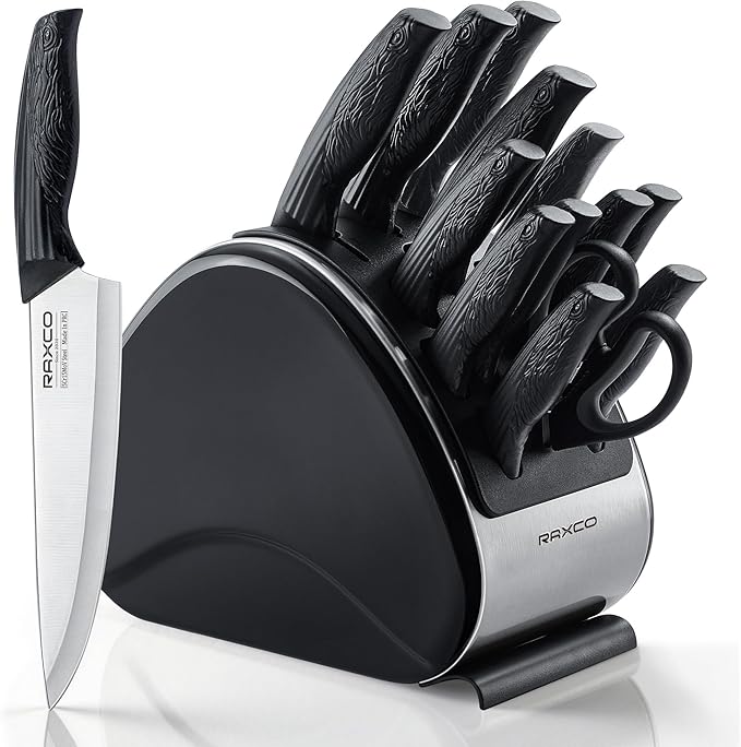 RAXCO 15-Piece Knife Sets with Block for Kitchen,Dishwasher Safe,Black | 6 Chef's Knives,6 Steak Knives,Kitchen Scissor,Stylish Block with Built-in Sharpener,Ergonomic Grips,Space-saving.