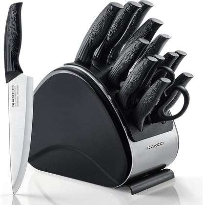 RAXCO 15-Piece Knife Sets with Block for Kitchen,Dishwasher Safe,Black | 6 Chef's Knives,6 Steak Knives,Kitchen Scissor,Stylish Block with Built-in Sharpener,Ergonomic Grips,Space-saving.