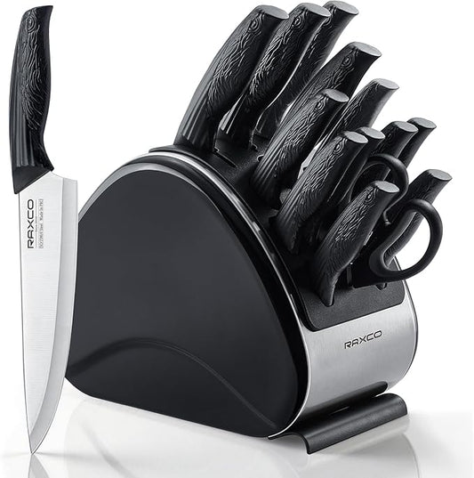 RAXCO 15-Piece Knife Sets with Block for Kitchen,Dishwasher Safe,Black | 6 Chef's Knives,6 Steak Knives,Kitchen Scissor,Stylish Block with Built-in Sharpener,Ergonomic Grips,Space-saving.